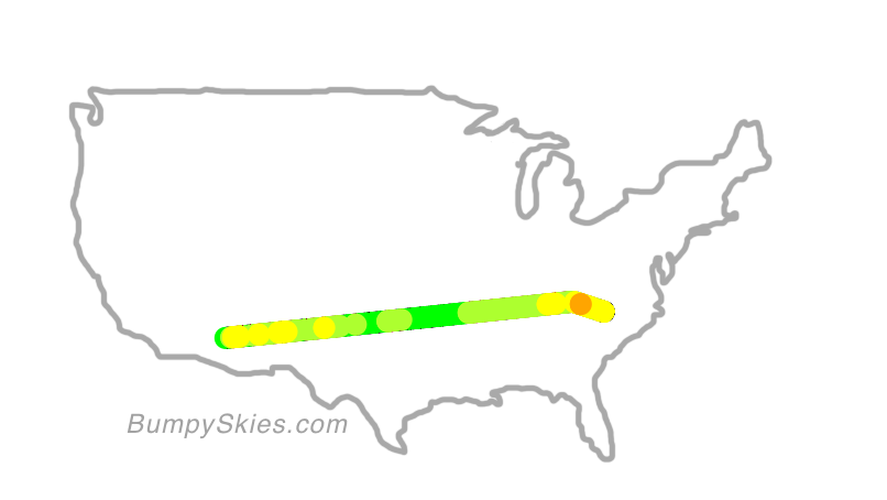 Map of continental US with illustrated flight path and turbulence forecast (described in text below)