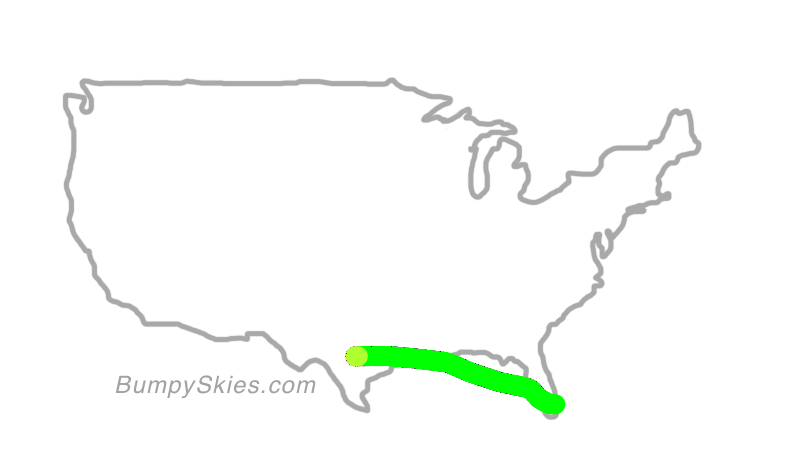 Map of continental US with illustrated flight path and turbulence forecast (described in text below)