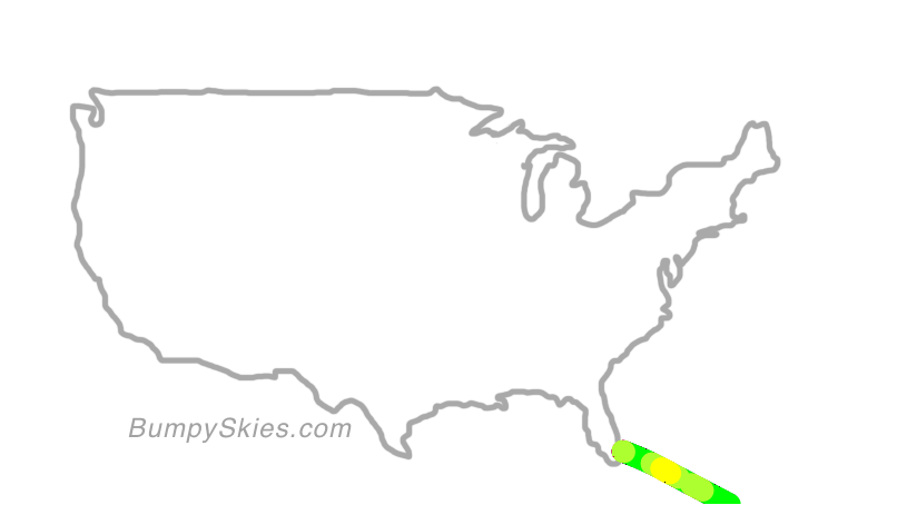 Map of continental US with illustrated flight path and turbulence forecast (described in text below)