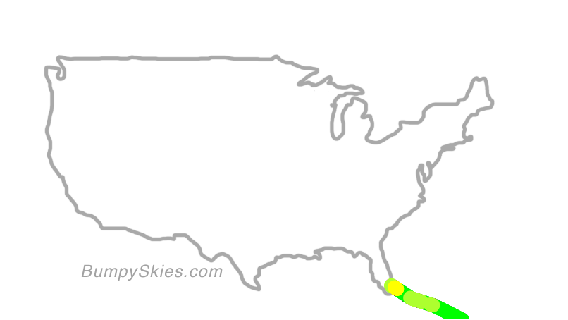 Map of continental US with illustrated flight path and turbulence forecast (described in text below)