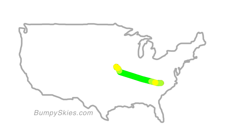 Map of continental US with illustrated flight path and turbulence forecast (described in text below)