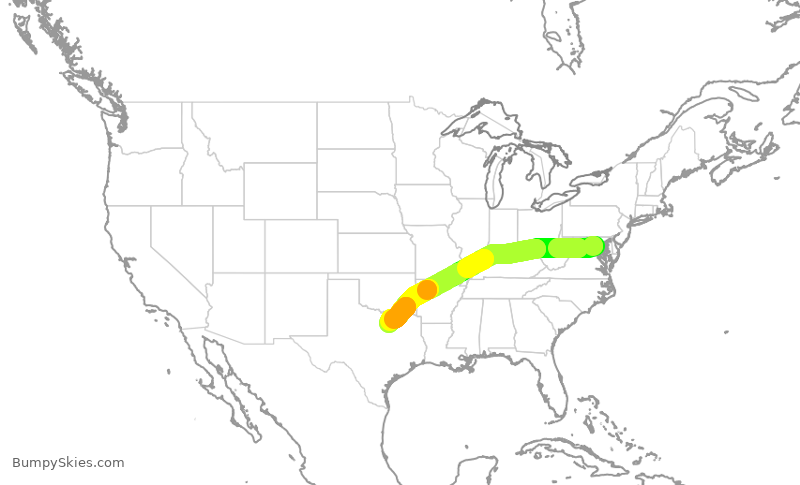 Turbulence forecast map for AAL1618, DCA to DFW