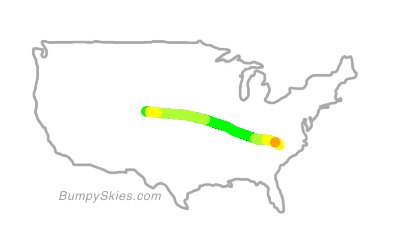 Map of continental US with illustrated flight path and turbulence forecast (described in text below)