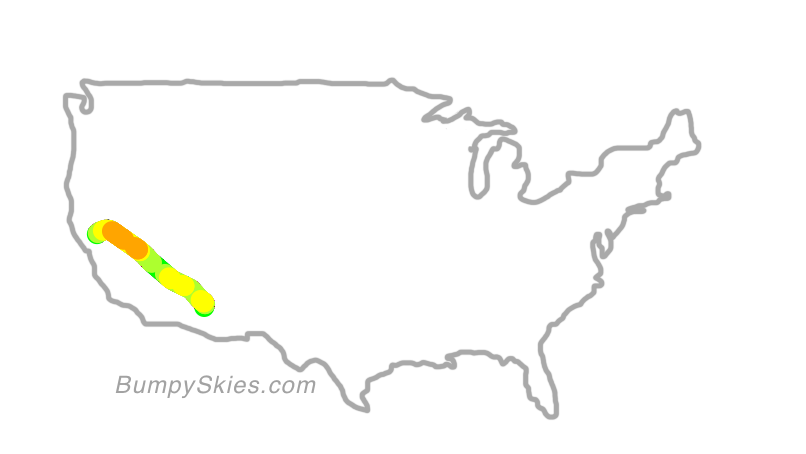 Map of continental US with illustrated flight path and turbulence forecast (described in text below)