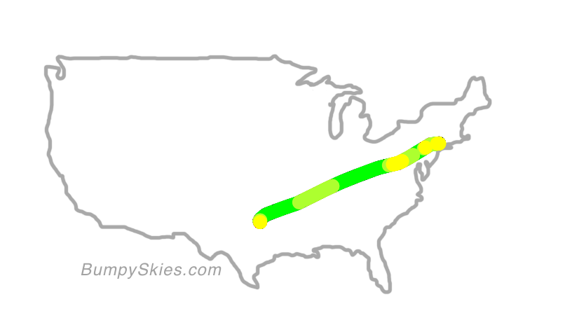 Map of continental US with illustrated flight path and turbulence forecast (described in text below)