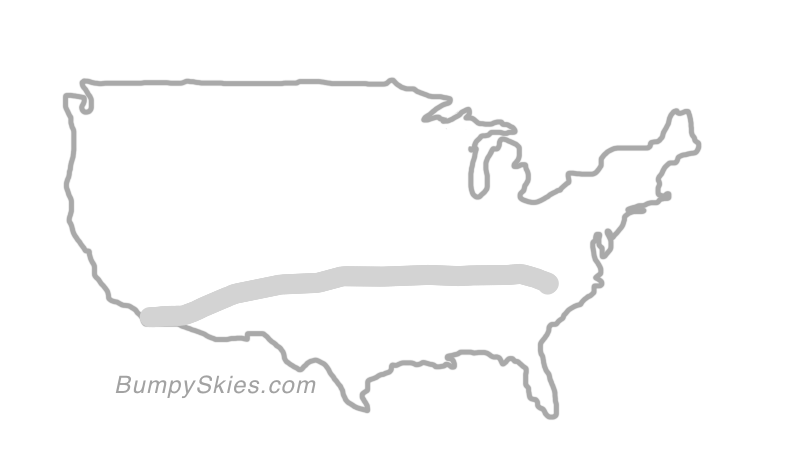 Map of continental US with illustrated flight path and turbulence forecast (described in text below)