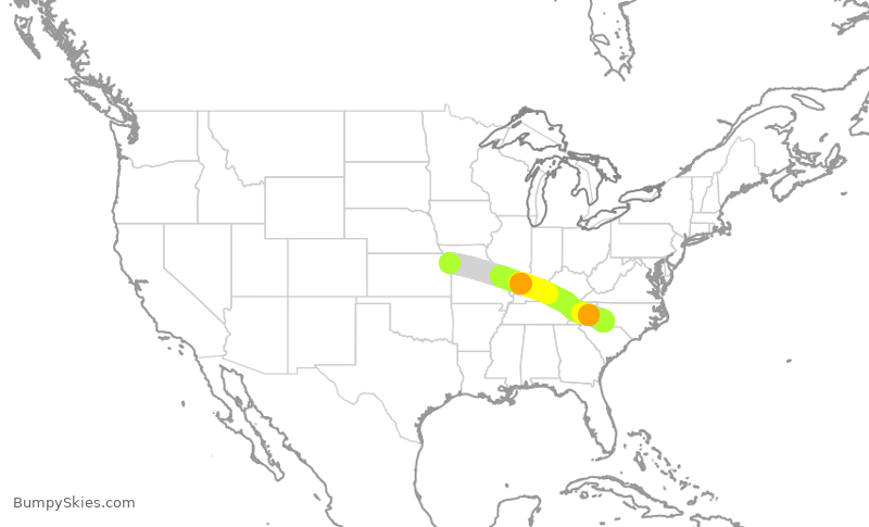 Turbulence forecast map for AAL1629, MCI to CLT