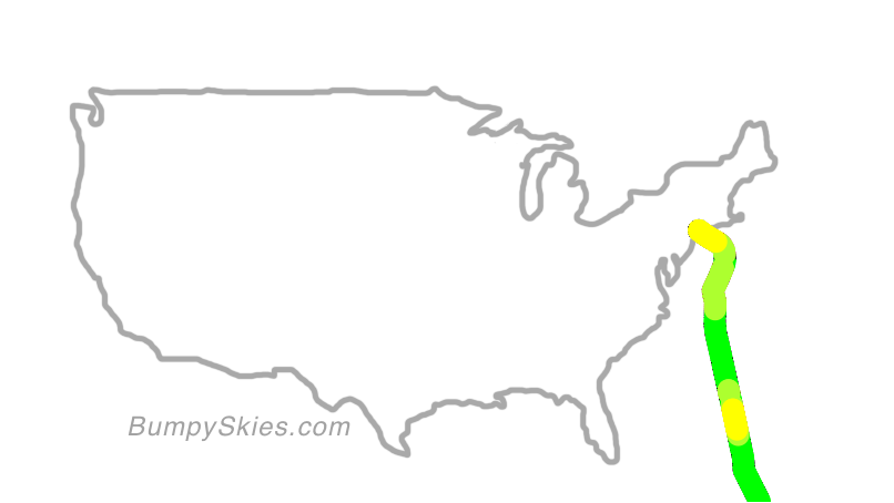 Map of continental US with illustrated flight path and turbulence forecast (described in text below)