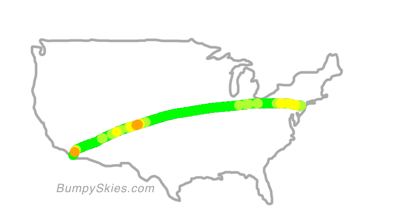 Map of continental US with illustrated flight path and turbulence forecast (described in text below)