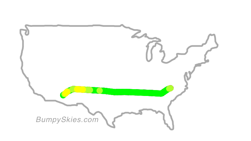 Map of continental US with illustrated flight path and turbulence forecast (described in text below)