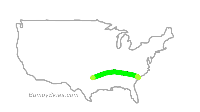 Map of continental US with illustrated flight path and turbulence forecast (described in text below)