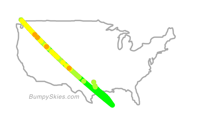 Map of continental US with illustrated flight path and turbulence forecast (described in text below)