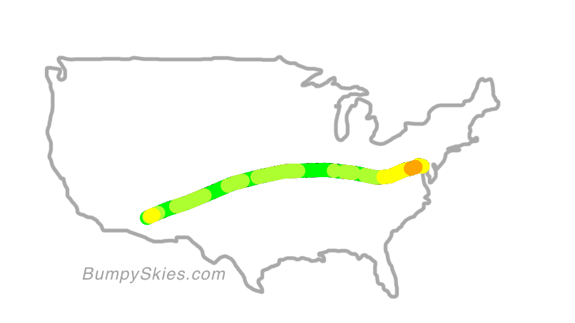 Map of continental US with illustrated flight path and turbulence forecast (described in text below)