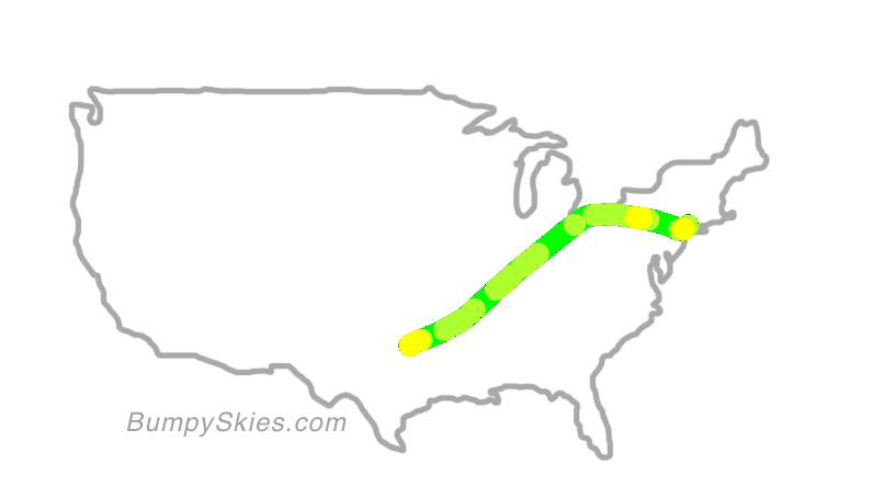 Map of continental US with illustrated flight path and turbulence forecast (described in text below)