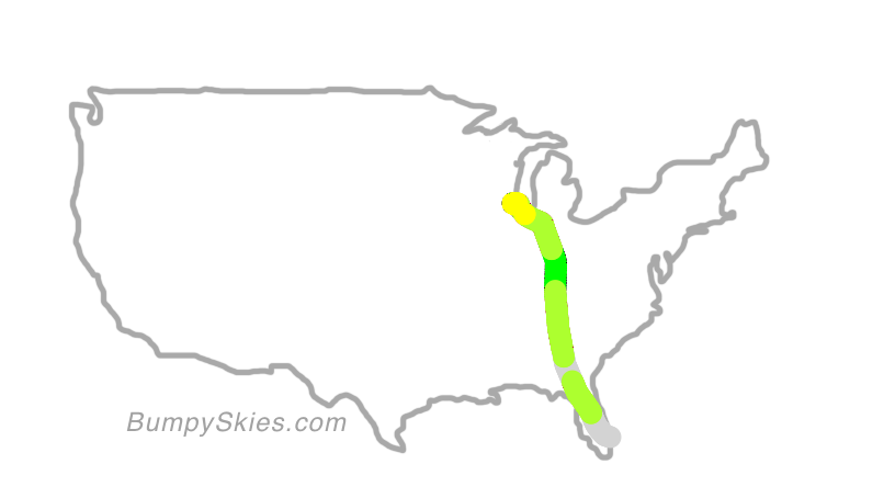 Map of continental US with illustrated flight path and turbulence forecast (described in text below)