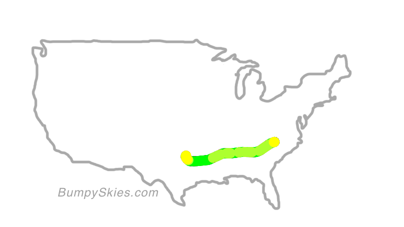 Map of continental US with illustrated flight path and turbulence forecast (described in text below)