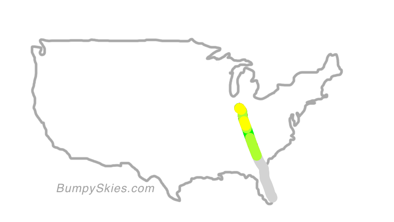 Map of continental US with illustrated flight path and turbulence forecast (described in text below)