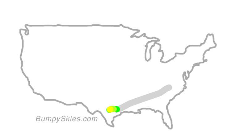 Map of continental US with illustrated flight path and turbulence forecast (described in text below)