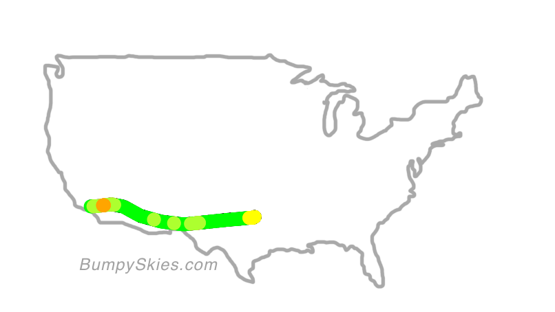 Map of continental US with illustrated flight path and turbulence forecast (described in text below)