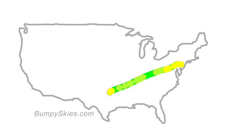 Map of continental US with illustrated flight path and turbulence forecast (described in text below)