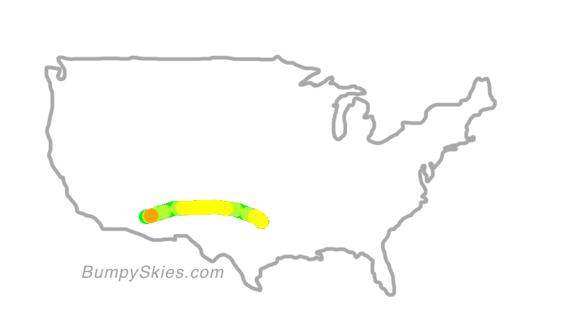 Map of continental US with illustrated flight path and turbulence forecast (described in text below)