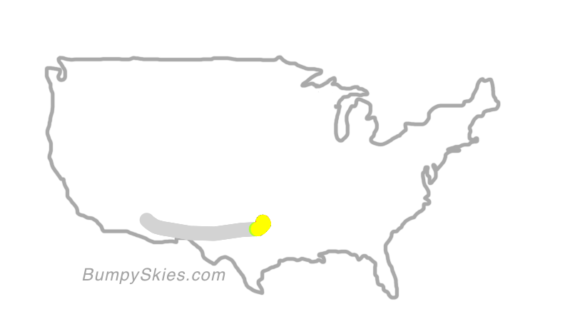 Map of continental US with illustrated flight path and turbulence forecast (described in text below)