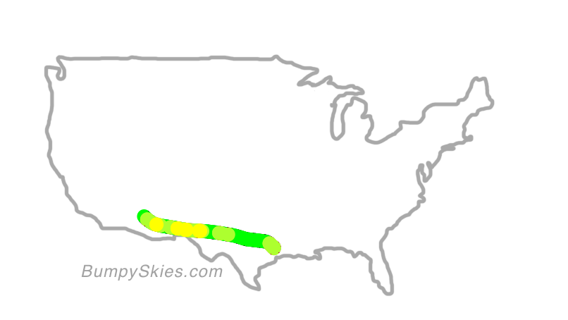Map of continental US with illustrated flight path and turbulence forecast (described in text below)