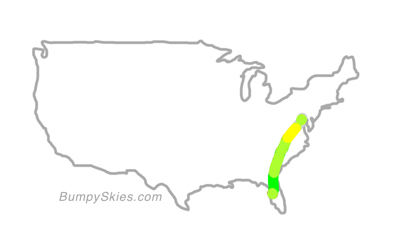 Map of continental US with illustrated flight path and turbulence forecast (described in text below)