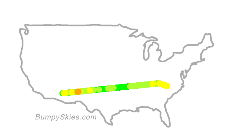 Map of continental US with illustrated flight path and turbulence forecast (described in text below)
