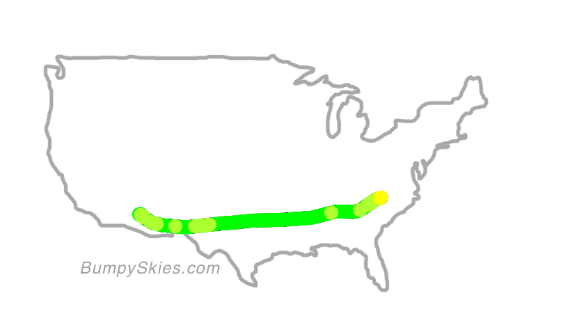 Map of continental US with illustrated flight path and turbulence forecast (described in text below)