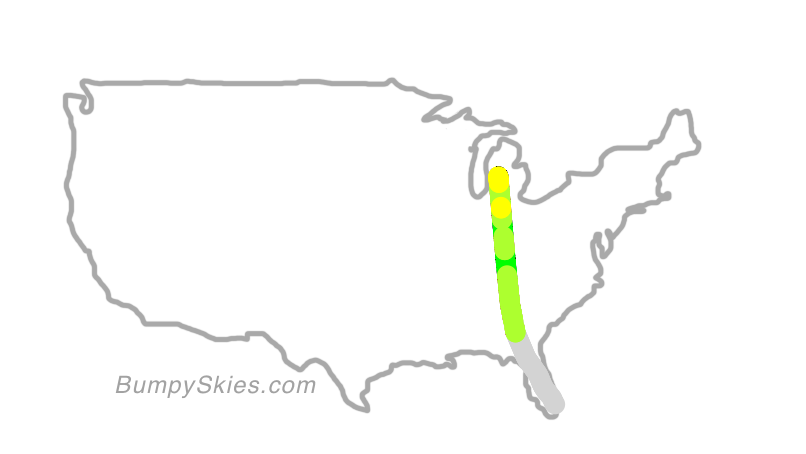 Map of continental US with illustrated flight path and turbulence forecast (described in text below)