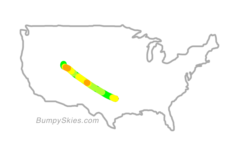 Map of continental US with illustrated flight path and turbulence forecast (described in text below)