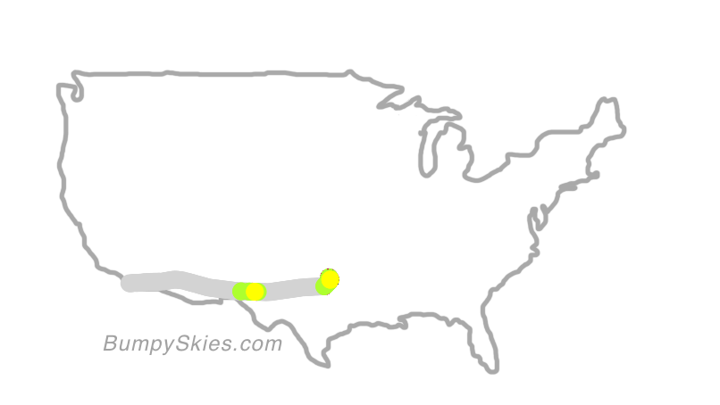 Map of continental US with illustrated flight path and turbulence forecast (described in text below)