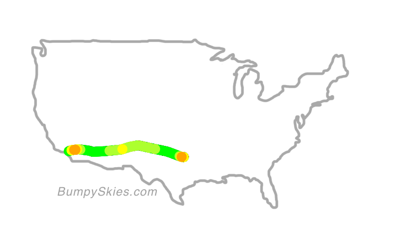 Map of continental US with illustrated flight path and turbulence forecast (described in text below)