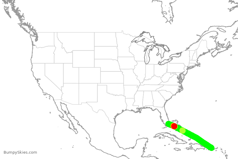 Turbulence forecast map for AAL1689, MIA to SJU