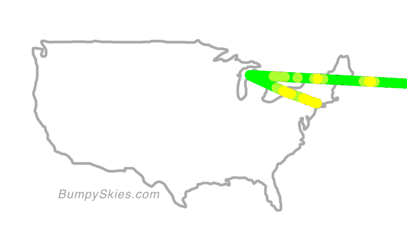 Map of continental US with illustrated flight path and turbulence forecast (described in text below)