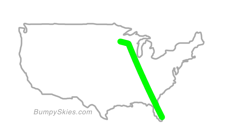 Map of continental US with illustrated flight path and turbulence forecast (described in text below)
