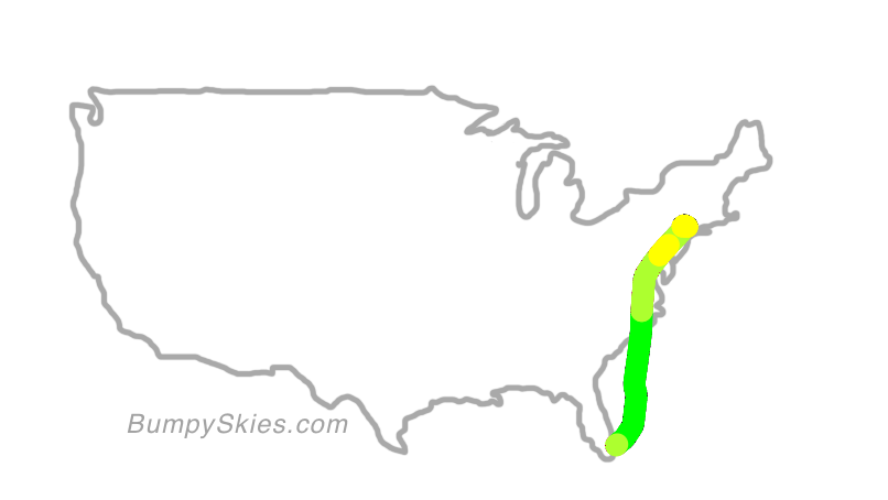 Map of continental US with illustrated flight path and turbulence forecast (described in text below)