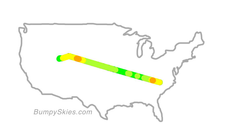 Map of continental US with illustrated flight path and turbulence forecast (described in text below)