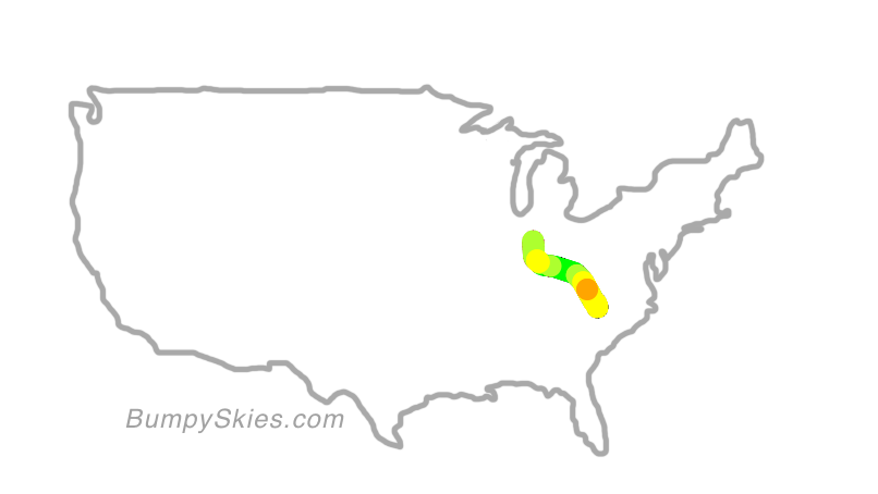 Map of continental US with illustrated flight path and turbulence forecast (described in text below)