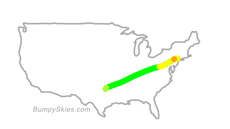 Map of continental US with illustrated flight path and turbulence forecast (described in text below)