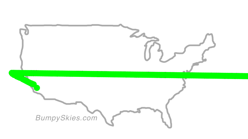 Map of continental US with illustrated flight path and turbulence forecast (described in text below)