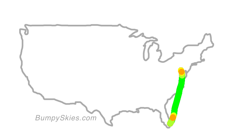 Map of continental US with illustrated flight path and turbulence forecast (described in text below)