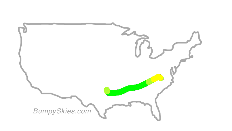 Map of continental US with illustrated flight path and turbulence forecast (described in text below)