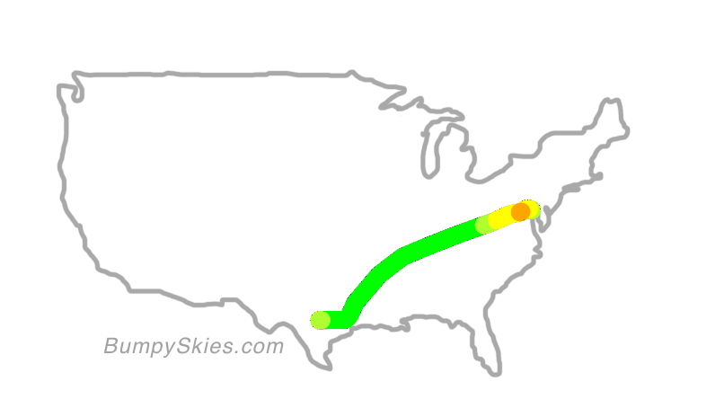 Map of continental US with illustrated flight path and turbulence forecast (described in text below)