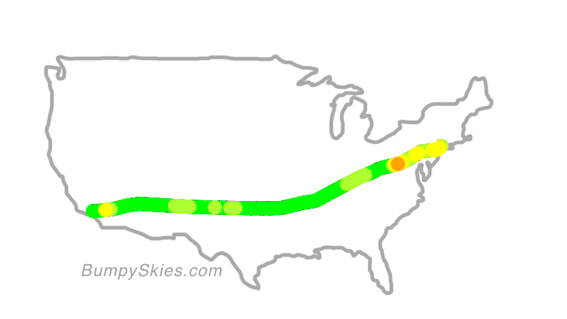 Map of continental US with illustrated flight path and turbulence forecast (described in text below)