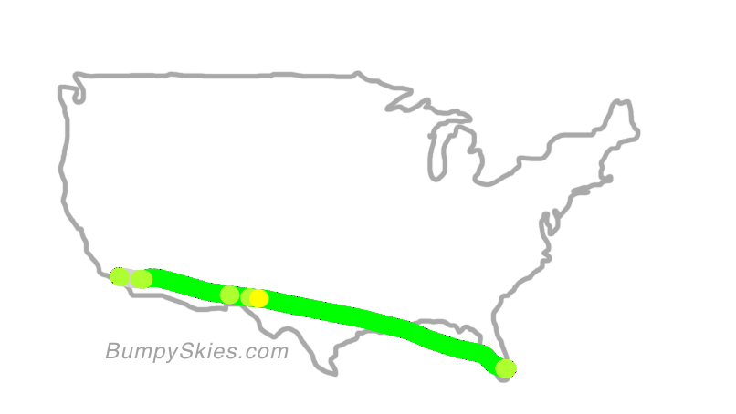 Map of continental US with illustrated flight path and turbulence forecast (described in text below)
