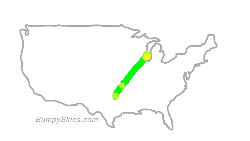 Map of continental US with illustrated flight path and turbulence forecast (described in text below)