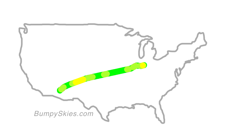 Map of continental US with illustrated flight path and turbulence forecast (described in text below)