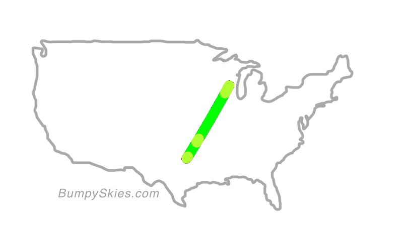 Map of continental US with illustrated flight path and turbulence forecast (described in text below)